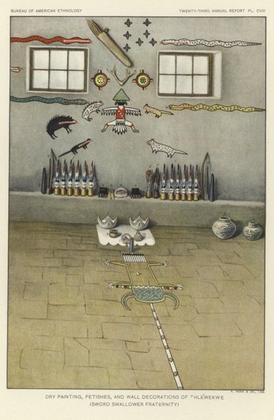 Pintura seca, fetiches y decoraciones murales de Thlewekwe (fraternidad de tragaespadas) (litografía en color) de American School