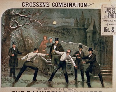 Duelo en la nieve, póster para La hija del banquero, protagonizada por la combinación de Crossens en la Ópera de Jacobs & Procter de American School
