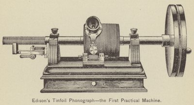 Fonógrafo de papel de estaño de Edison, la primera máquina práctica (grabado) de American School