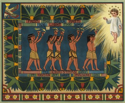 Tarjeta navideña de temática egipcia, que muestra cómo el Pasado condujo a Jesucristo (litografía en color) de American School