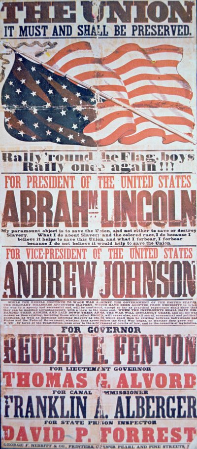 Póster de campaña electoral de Abraham Lincoln para presidente y Andrew Johnson para vicepresidente de American School