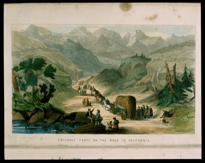Partido de emigrantes en el camino a California en 1596, ilustración de California, su historia pasada, su posición actual, sus perspectivas futuras por G.A. Fleming, 1850 de American School
