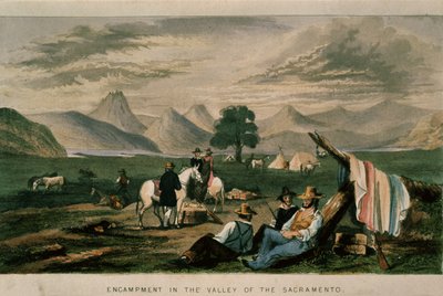Campamento en el valle del Sacramento en 1598, ilustración de California, su historia pasada, su posición actual, sus perspectivas futuras por G.A. Fleming, 1850 de American School