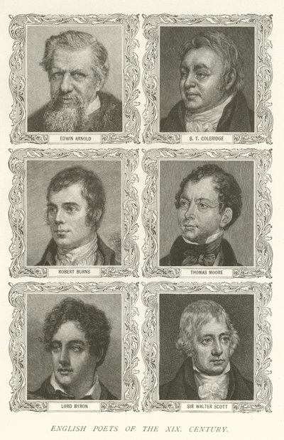 Poetas Ingleses del Siglo XIX, Edwin Arnold, S T Coleridge, Robert Burns, Thomas Moore, Lord Byron, Sir Walter Scott de American School
