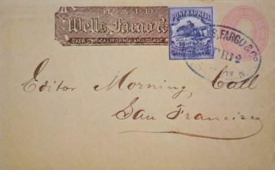 Sobre con sello de Pony Express de Wells Fargo adjunto de American School