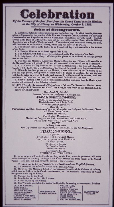 Canal Erie: parte clave del Sistema de Canales del Estado de Nueva York; Anuncio del 8 de octubre de 1823 celebrando su apertura (completado en 1825) de American School