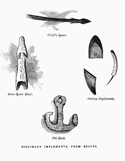 Herramientas de caza esquimal - Elisha Kent Kane, Exploraciones Árticas en los años 1853-1855, vol. 1, p. 52, Filadelfia de American School