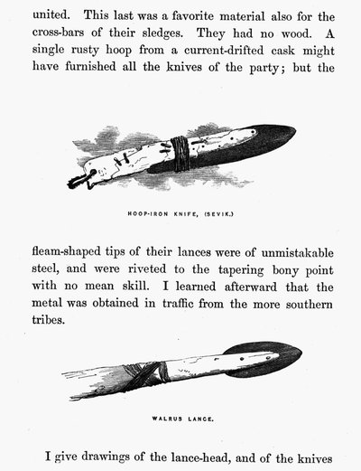 Cuchillo y lanza esquimal - Elisha Kent Kane, Exploraciones Árticas en los años 1853-1855, vol. 1, p. 206, Filadelfia de American School