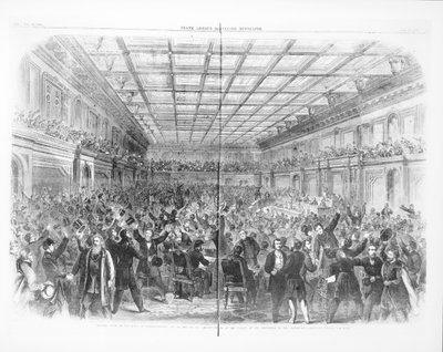 Escena emocionante en la Cámara de Representantes, 31 de enero de 1865, en el anuncio de la aprobación de la enmienda para abolir la esclavitud para siempre, de 