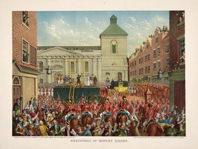 Ejecución de Robert Emmet en Thomas Street, 20 de septiembre de 1803, pub. 1803 (litografía en color) de American School