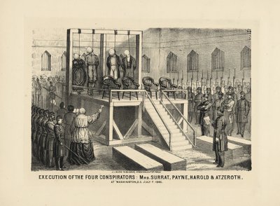 Ejecución de los cuatro conspiradores: Sra. Surrat, Payne, Harold y Atzerith en Washington DC, 7 de julio de 1865, pub. 1865 de American School