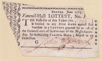 Boleto de Lotería de Faneuil-Hall, firmado por John Hancock, 1765 de American School