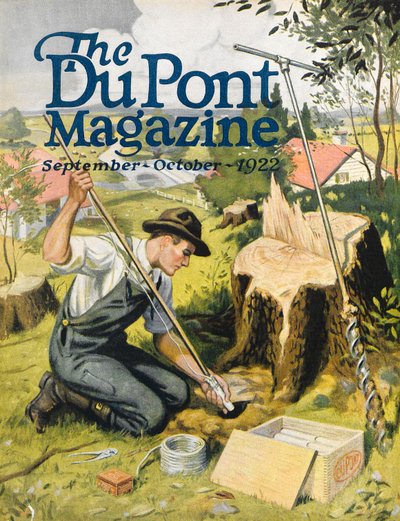Agricultor plantando dinamita DuPont, portada de la revista DuPont, septiembre-octubre 1922 de American School