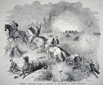 Artillería federal tomando posición en la Batalla de South Mountain, septiembre de 1862 (grabado) de American School