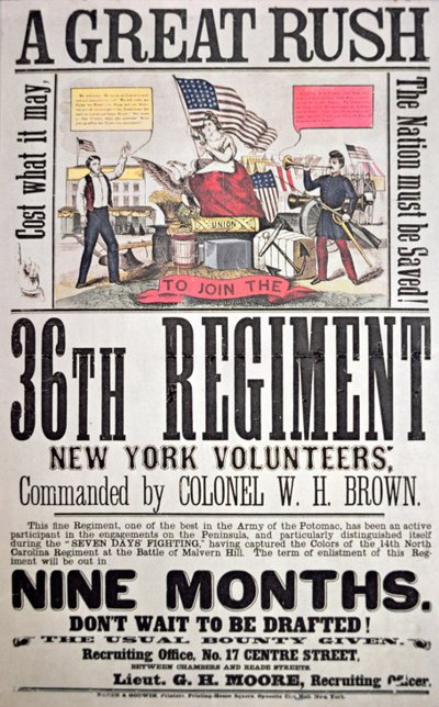 Cartel de reclutamiento federal para el 36º Regimiento, voluntarios de Nueva York de American School