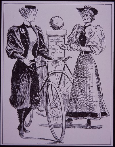 Traje de ciclismo femenino, mostrando a una chica con pantalones bombachos, Nueva York, EE.UU. de American School