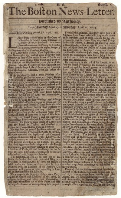 Primera edición del Boston News-Letter, 1704 (papel de periódico) de American School