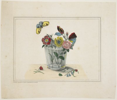Flores en un vaso, con mariposa de American School