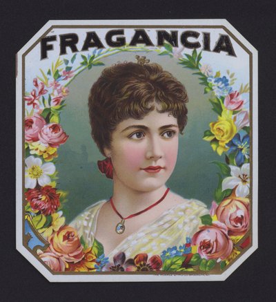 Fragancia, etiqueta de cigarro (chromolitho) de American School