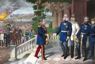 Guerra Franco-Prusiana 1870-1871: La rendición de Napoleón III después de la batalla de Sedan, 2 de septiembre de 1870. Grabado en color, americano, c1871 - Guerra de 1870: Napoleón III (1808-1873) prisionero tras la batalla de Sedan se encuentra con Guill de American School