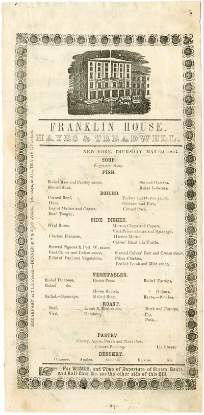 Menú de Franklin House para el 23 de mayo de 1844 de American School