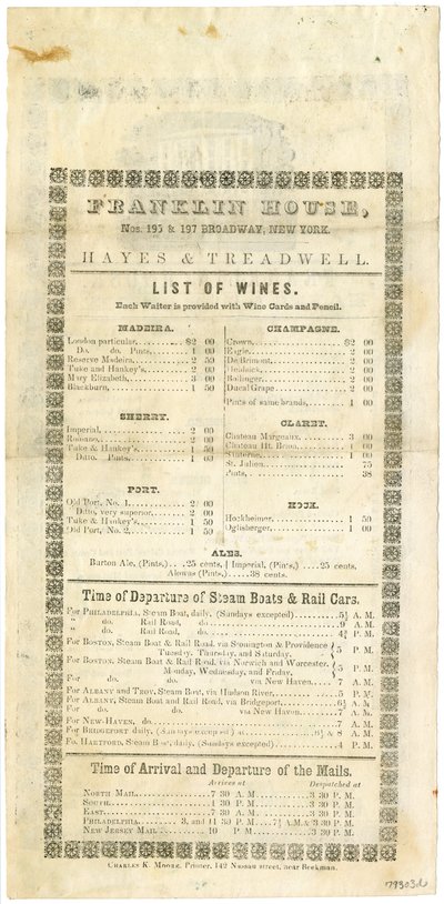 Lista de vinos de Franklin House para el 23 de mayo de 1844 de American School