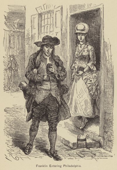Franklin entrando en Filadelfia (grabado) de American School