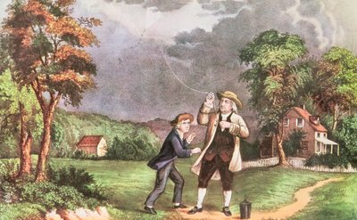 Experimento de Franklin en electricidad c.1746, pub. por Currier and Ives de American School
