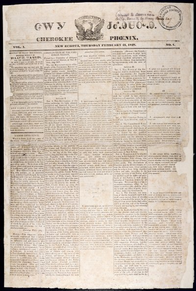 Primera página del Cherokee Phoenix, 21 de febrero de 1828 de American School