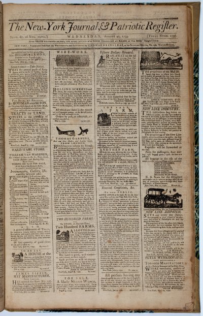 Primera página del New York Journal and Patriot Register, 21 de agosto de 1793 de American School
