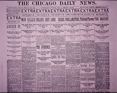 Primera página de The Chicago Daily News informando sobre el motín laboral de Haymarket en Chicago, 5 de mayo de 1886 de American School