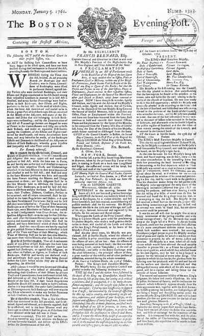 Primera página del Boston Evening Post anunciando la muerte del Rey Jorge II (1683-1760), 5 de enero de 1761 de American School