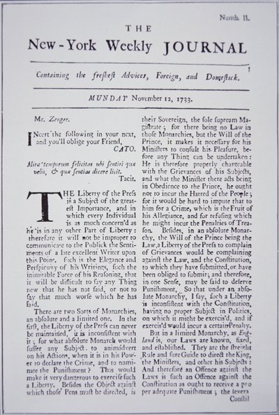 Portada del New-York Weekly Journal discutiendo la libertad de prensa de American School