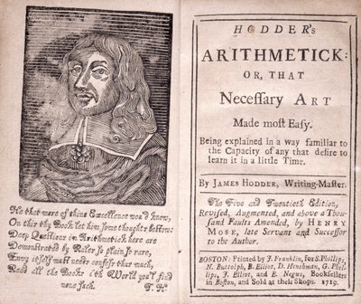 Frontispicio y página de título de Aritmética de Hodder o, Ese Arte Necesario Hecho más Fácil, por James Hodder, 1719 de American School