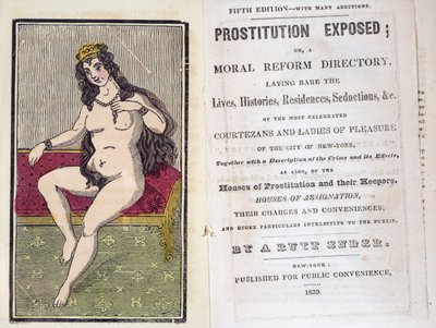 Frontispicio y página de título de Prostitución Expuesta por A. Butt Ender, publicado en Nueva York 1839 de American School