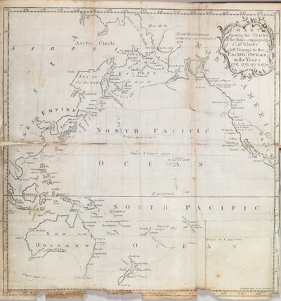 Frontispicio del mapa de "Un diario del último viaje del Capitán Cook al Océano Pacífico y en busca de un paso del noroeste entre Asia y América" por John Ledyard, 1783 de American School
