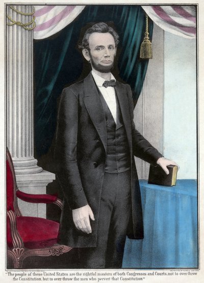 Retrato de cuerpo entero de Abraham Lincoln, pub. 1865 (litografía en color) de American School