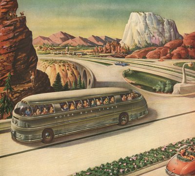 Autobús futurista viajando por una autopista en el suroeste americano de American School