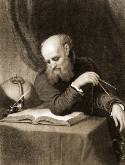 Galileo con brújula y diagramas, c.1880 (grabado) de American School