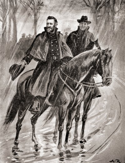 El General Grant haciendo un reconocimiento bajo la lluvia en Belmont, Missouri, antes de la batalla de 1861, de "The History of Our Country", publicado en 1905 (litografía). de American School