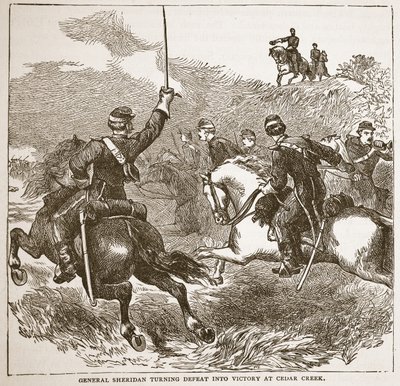 El General Sheridan convirtiendo la derrota en victoria en Cedar Creek, de un libro publicado en 1896 de American School