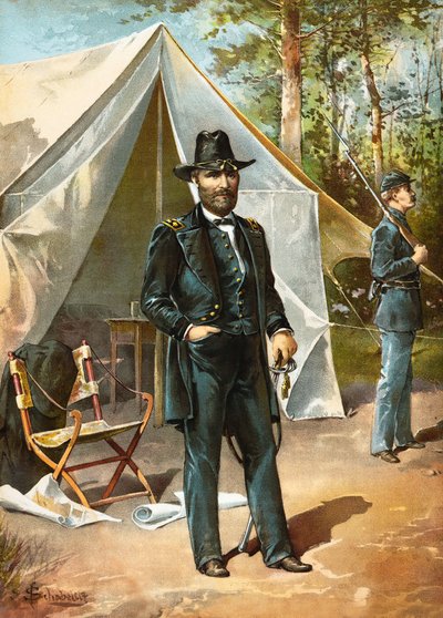 General Ulysses S. Grant frente a su tienda durante la Guerra Civil Americana, pub. 1892 de American School