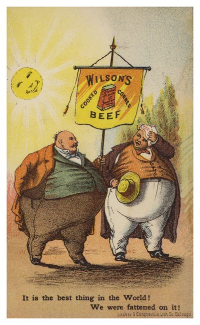 Caballeros llevando pancarta de carne enlatada Wilsons de American School