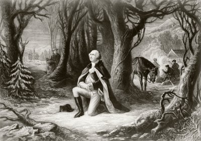 George Washington rezando en el campamento de la Guerra Revolucionaria Americana en Valley Forge durante el invierno de 1777-78, después de una pintura de Henry Brueckner de American School