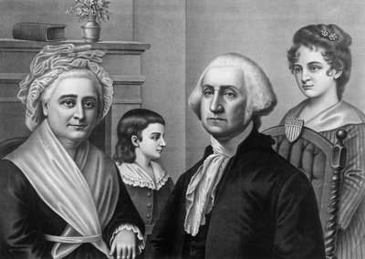 George Washington con su esposa Martha Washington y sus hijos en Mount Vernon. Grabado alrededor de 1880 de American School