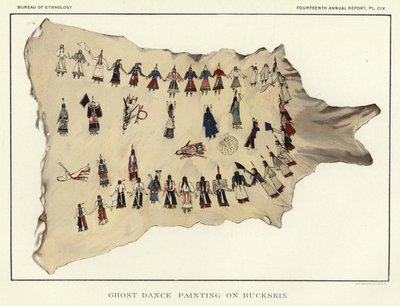 Pintura de la danza fantasma en piel de venado de American School