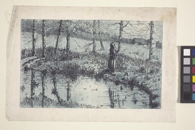 Girl By Pond (aguafuerte y plancha tono impreso en azul) de American School