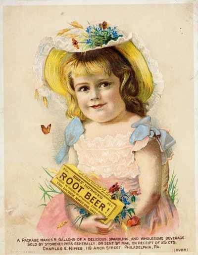 Niña anunciando Hires Improved Root Beer de American School