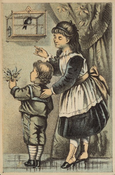 Niña y niño mirando un pájaro cantor en jaula de American School