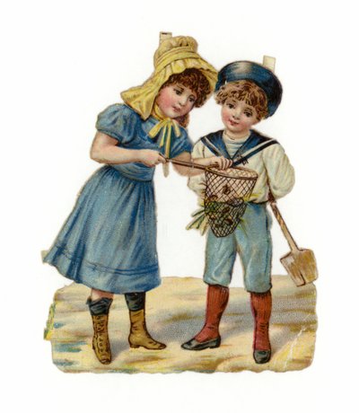 Niña y niño pescando en la playa de American School